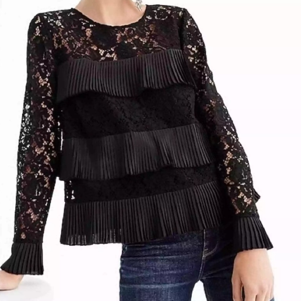 J. Crew Black Lace Blouse with Pleated Details